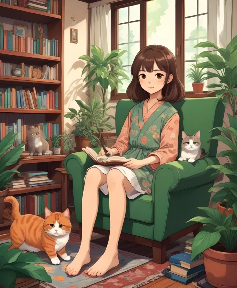 An Asian Girl 10 Years Old With Brown Hair In A Room With A Dog And A Cat Plants Books And A Green Armchair 39 858e
