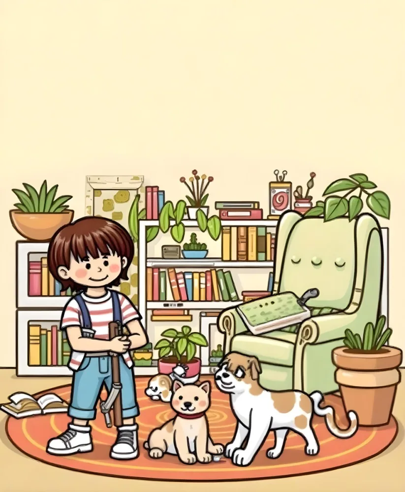 An Asian Girl 10 Years Old With Brown Hair In A Room With A Dog And A Cat Plants Books And A Green Armchair 4 6f4f