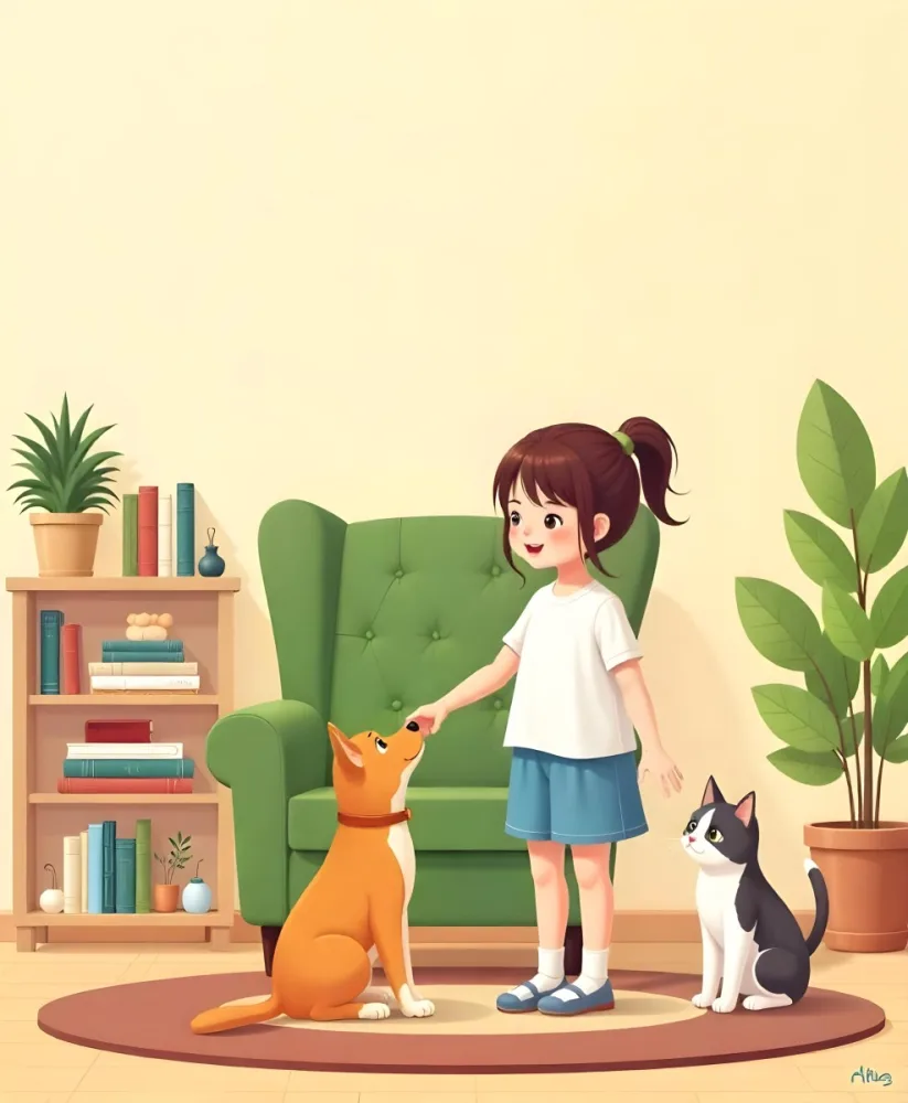 An Asian Girl 10 Years Old With Brown Hair In A Room With A Dog And A Cat Plants Books And A Green Armchair 5 0328