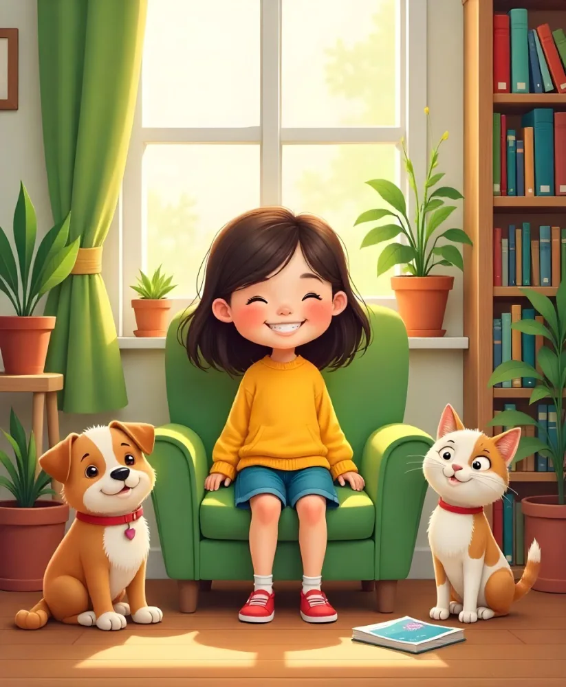 An Asian Girl 10 Years Old With Brown Hair In A Room With A Dog And A Cat Plants Books And A Green Armchair 7 1e53
