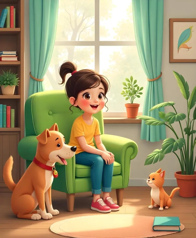 An Asian Girl 10 Years Old With Brown Hair In A Room With A Dog And A Cat Plants Books And A Green Armchair 8 1d49