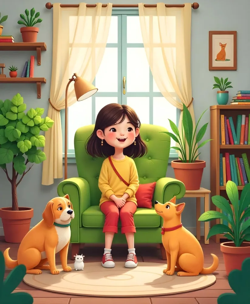 An Asian Girl 10 Years Old With Brown Hair In A Room With A Dog And A Cat Plants Books And A Green Armchair 9 6150