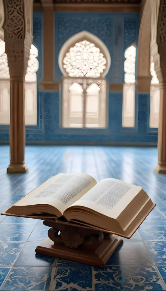 An Open Book Resting On A Wooden Stand Positioned On A Patterned Blue Floor The Background Features Blurred Architectural Elements Suggesting A Serene Indoor Space Possibly A Mosque Or A Similar Setting 12 1a1b