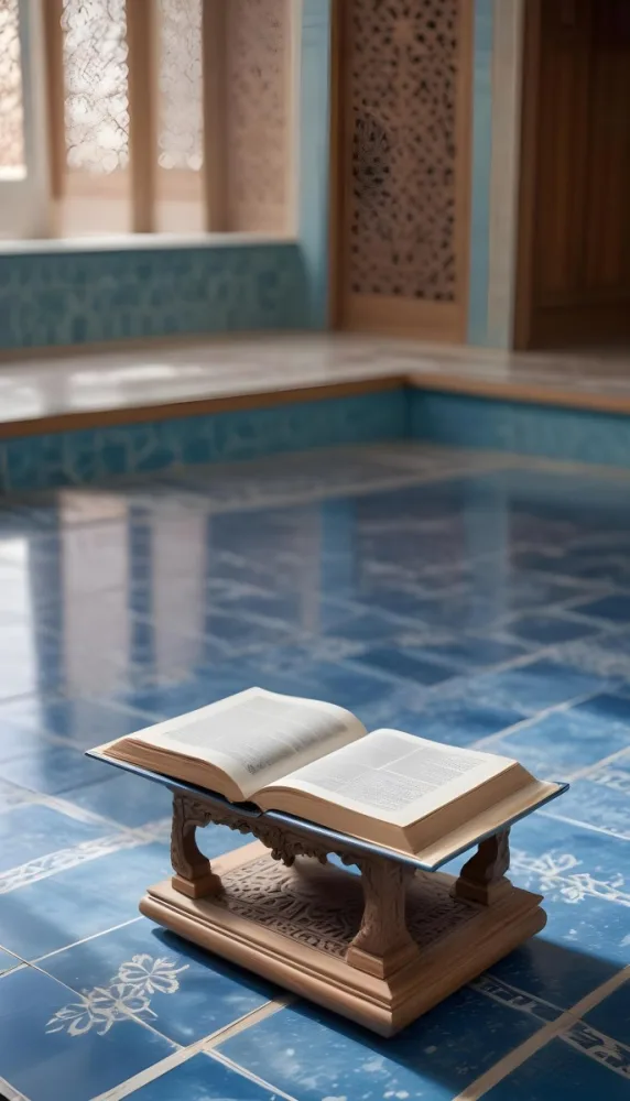 An Open Book Resting On A Wooden Stand Positioned On A Patterned Blue Floor The Background Features Blurred Architectural Elements Suggesting A Serene Indoor Space Possibly A Mosque Or A Similar Setting 13 5a2c