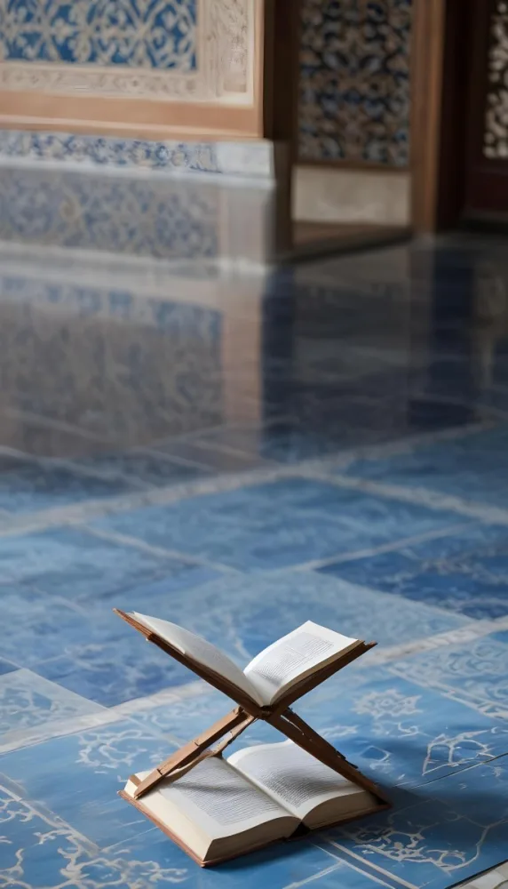 An Open Book Resting On A Wooden Stand Positioned On A Patterned Blue Floor The Background Features Blurred Architectural Elements Suggesting A Serene Indoor Space Possibly A Mosque Or A Similar Setting 14 E33c