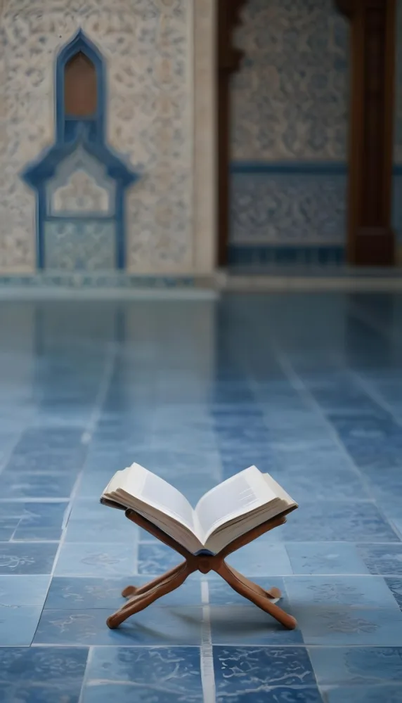 An Open Book Resting On A Wooden Stand Positioned On A Patterned Blue Floor The Background Features Blurred Architectural Elements Suggesting A Serene Indoor Space Possibly A Mosque Or A Similar Setting 17 2fdb