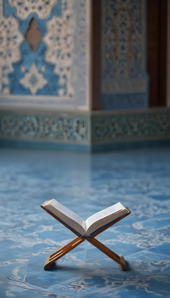 An Open Book Resting On A Wooden Stand Positioned On A Patterned Blue Floor The Background Features Blurred Architectural Elements Suggesting A Serene Indoor Space Possibly A Mosque Or A Similar Setting 19 49f6