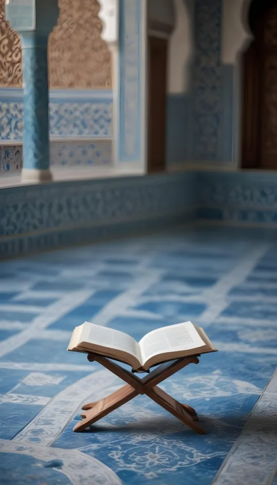 An Open Book Resting On A Wooden Stand Positioned On A Patterned Blue Floor The Background Features Blurred Architectural Elements Suggesting A Serene Indoor Space Possibly A Mosque Or A Similar Setting 21 2657