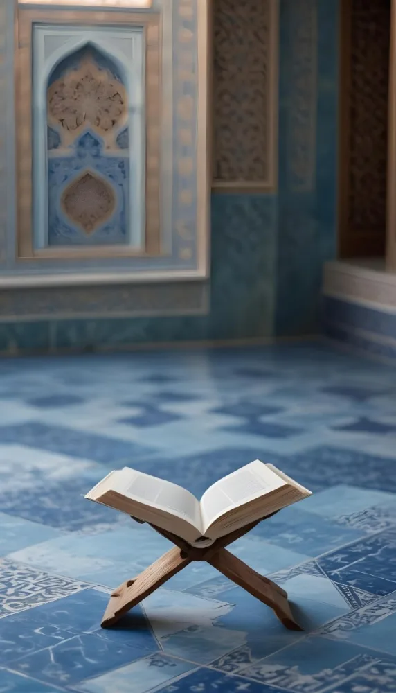 An Open Book Resting On A Wooden Stand Positioned On A Patterned Blue Floor The Background Features Blurred Architectural Elements Suggesting A Serene Indoor Space Possibly A Mosque Or A Similar Setting 3 C9dd