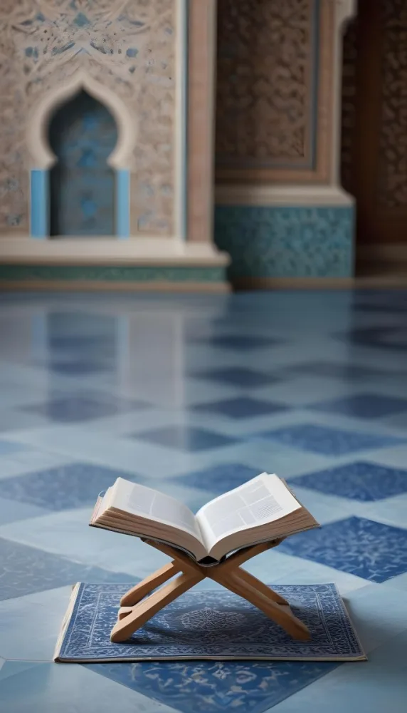 An Open Book Resting On A Wooden Stand Positioned On A Patterned Blue Floor The Background Features Blurred Architectural Elements Suggesting A Serene Indoor Space Possibly A Mosque Or A Similar Setting 6 7faf