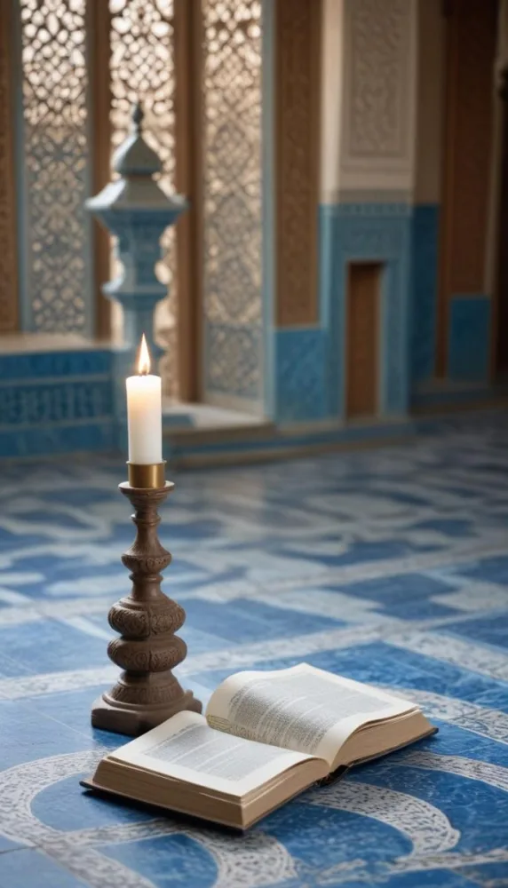 An Open Book Resting On A Wooden Stand Positioned On A Patterned Blue Floor The Background Features Blurred Architectural Elements Suggesting A Serene Indoor Space Possibly A Mosque Or A Similar Setting 8 489c