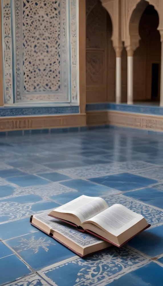 An Open Book Resting On A Wooden Stand Positioned On A Patterned Blue Floor The Background Features Blurred Architectural Elements Suggesting A Serene Indoor Space Possibly A Mosque Or A Similar Setting 9 123a