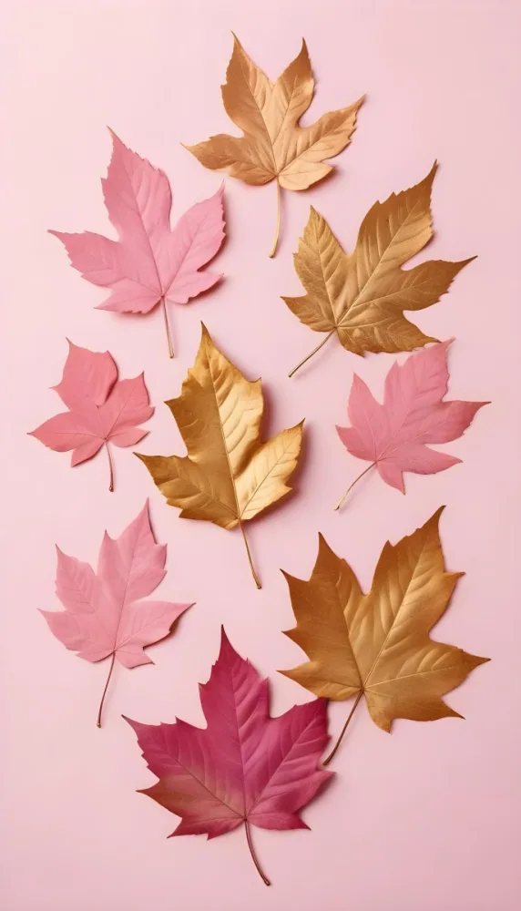Assorted Pink And Gold Autumn Leaves On A Pink Background 5 211b