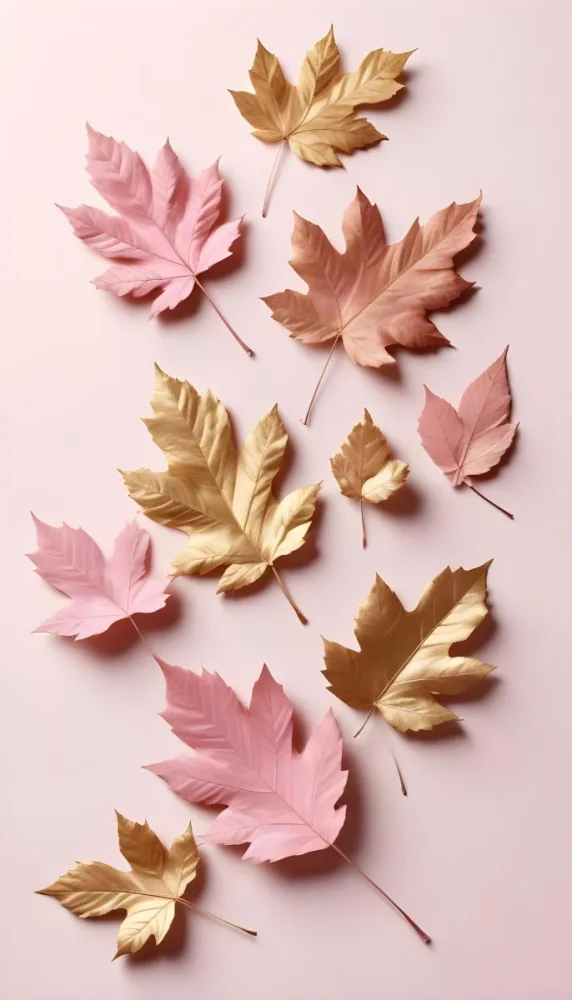 Assorted Pink And Gold Autumn Leaves On A Pink Background 6 Ba61