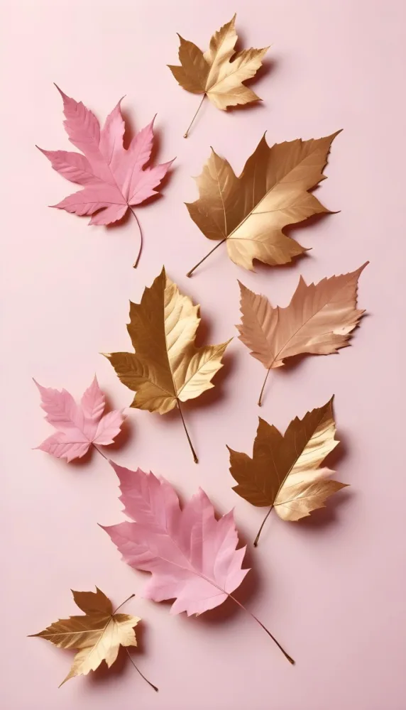 Assorted Pink And Gold Autumn Leaves On A Pink Background 8 5459
