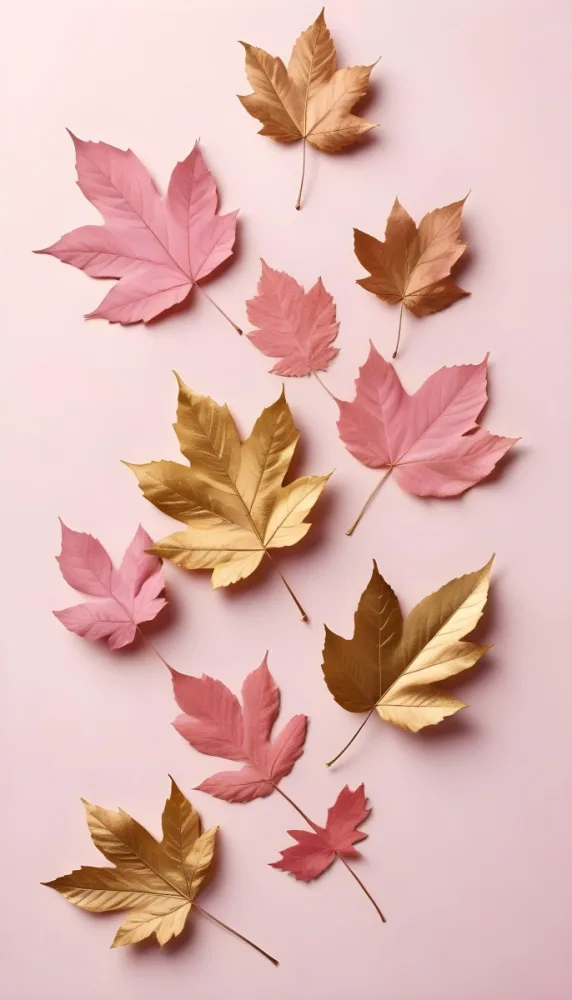 Assorted Pink And Gold Autumn Leaves On A Pink Background 9 9b73