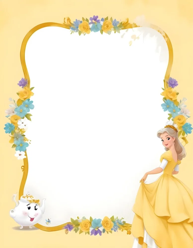 Belle With White Hair And White Dress Mrs Potts White Frame With Flowers Yellow Background 12 31b8