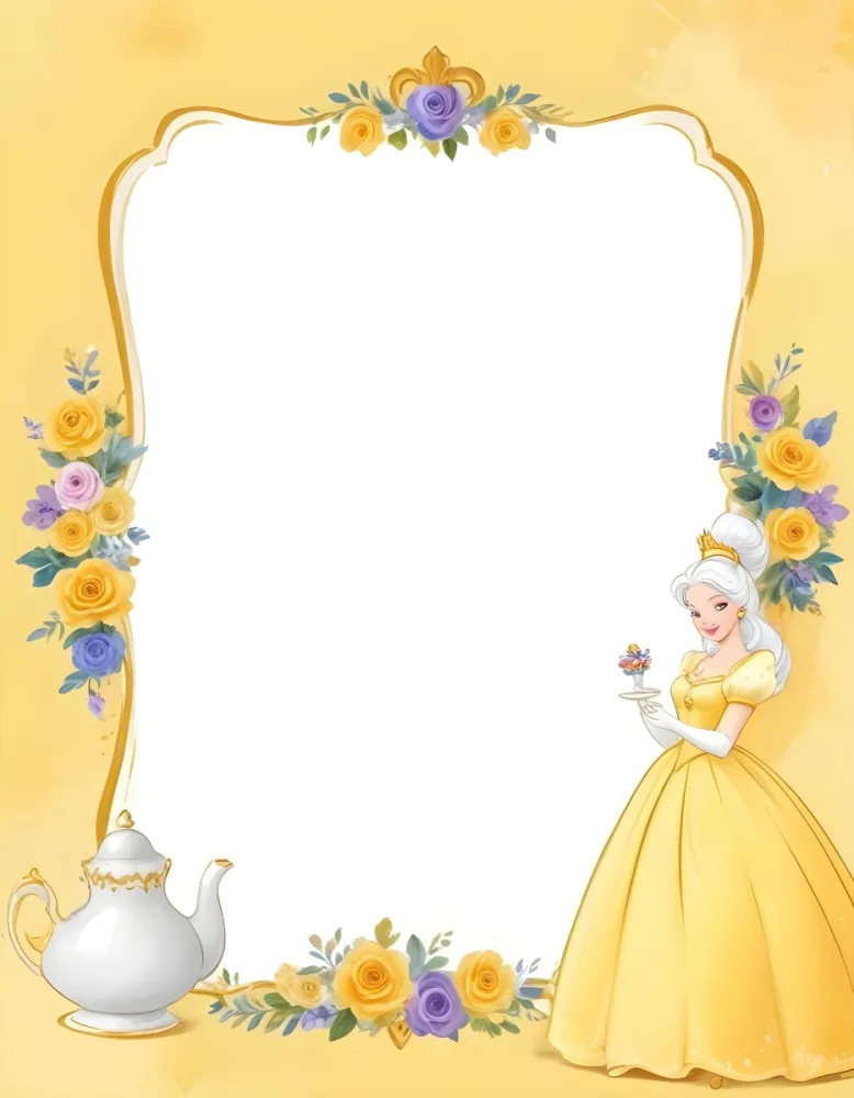Belle With White Hair And White Dress Mrs Potts White Frame With Flowers Yellow Background 14 6c24