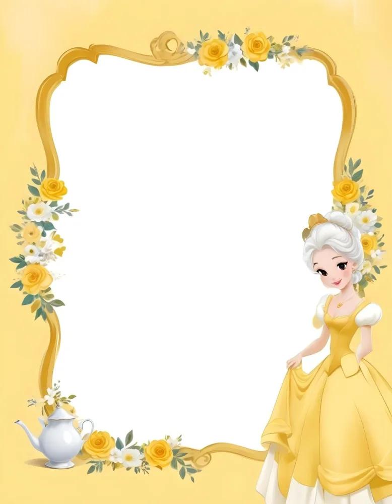 Belle With White Hair And White Dress Mrs Potts White Frame With Flowers Yellow Background 15 23e5