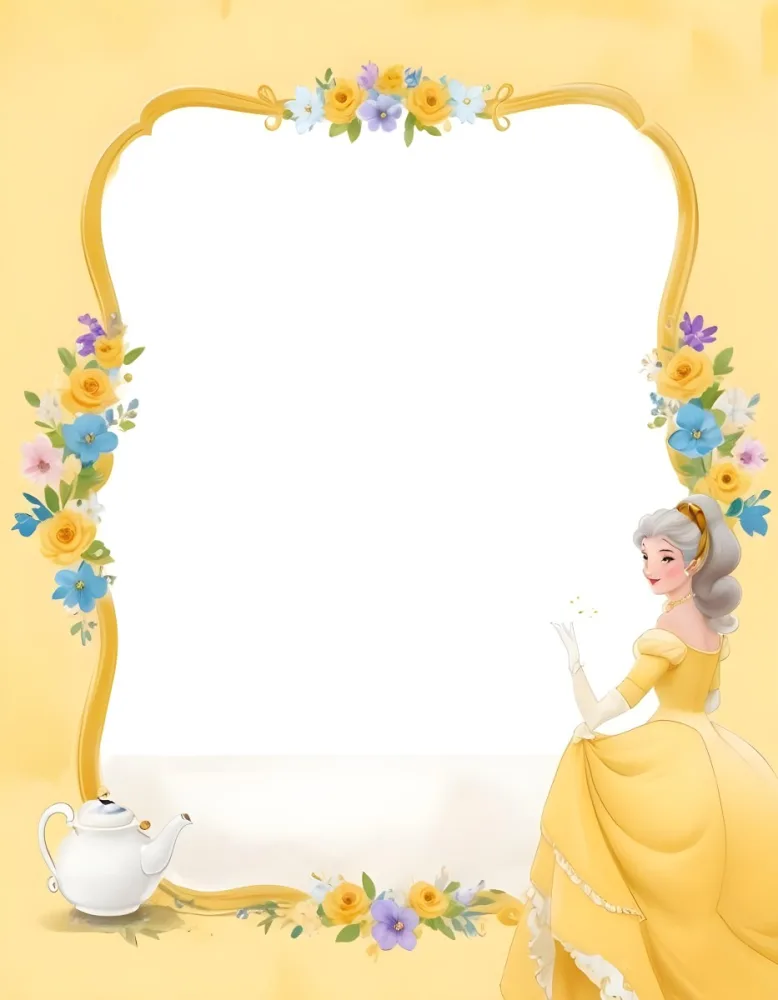 Belle With White Hair And White Dress Mrs Potts White Frame With Flowers Yellow Background 17 E422