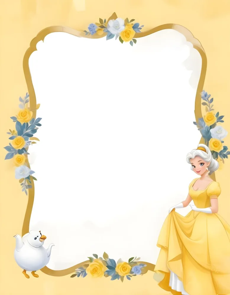 Belle With White Hair And White Dress Mrs Potts White Frame With Flowers Yellow Background 18 F9dd