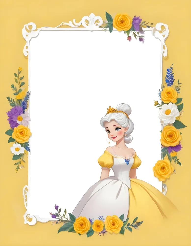 Belle With White Hair And White Dress Mrs Potts White Frame With Flowers Yellow Background 2 F8c9