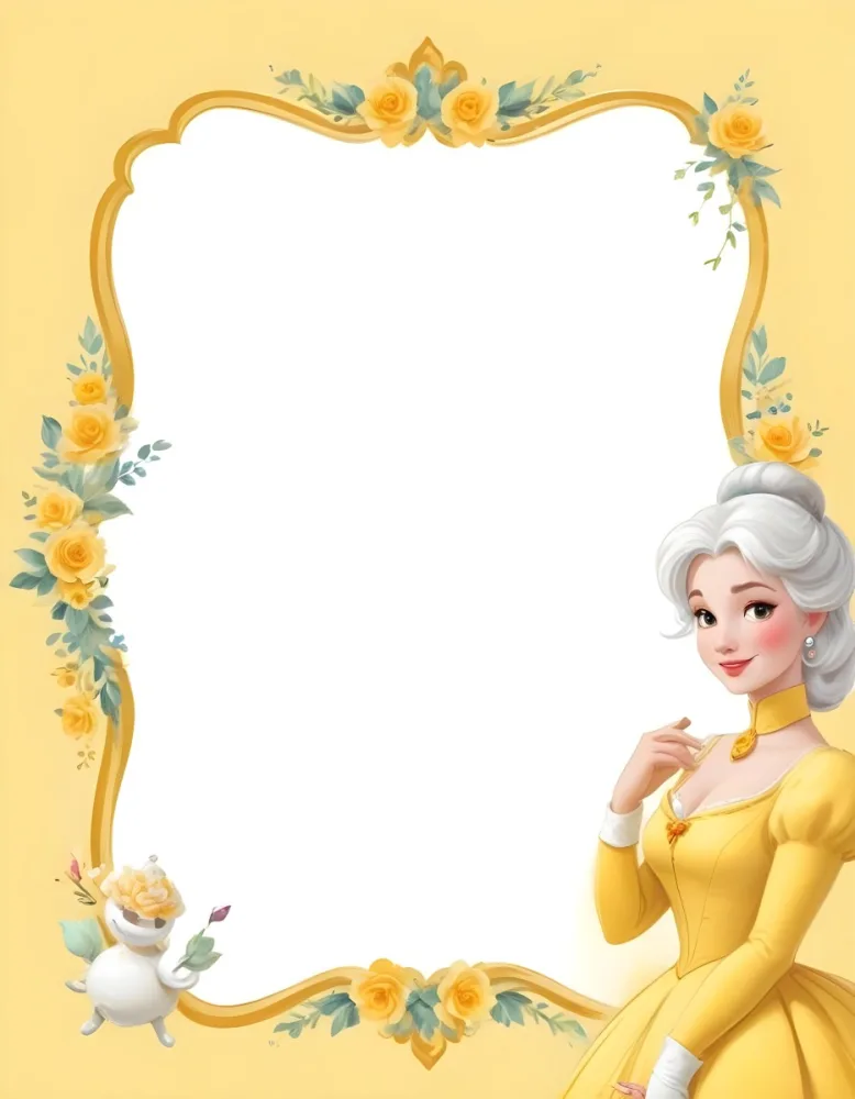 Belle With White Hair And White Dress Mrs Potts White Frame With Flowers Yellow Background 3 776c
