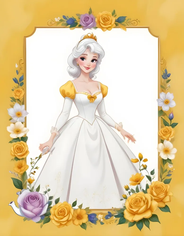 Belle With White Hair And White Dress Mrs Potts White Frame With Flowers Yellow Background 4 4d04