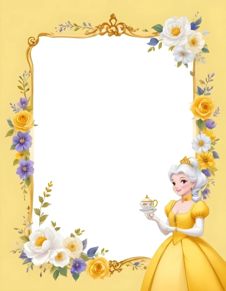 Belle With White Hair And White Dress Mrs Potts White Frame With Flowers Yellow Background 5 518c
