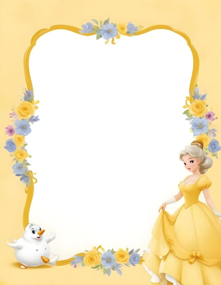 Belle With White Hair And White Dress Mrs Potts White Frame With Flowers Yellow Background 6 B934