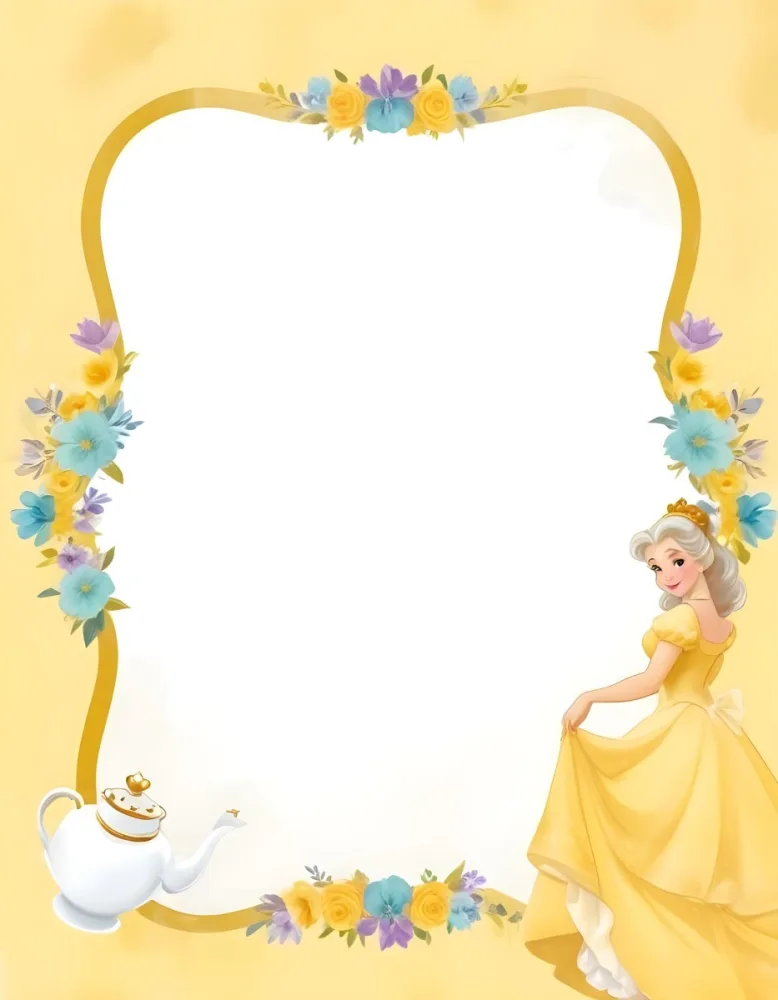 Belle With White Hair And White Dress Mrs Potts White Frame With Flowers Yellow Background 7 56c2