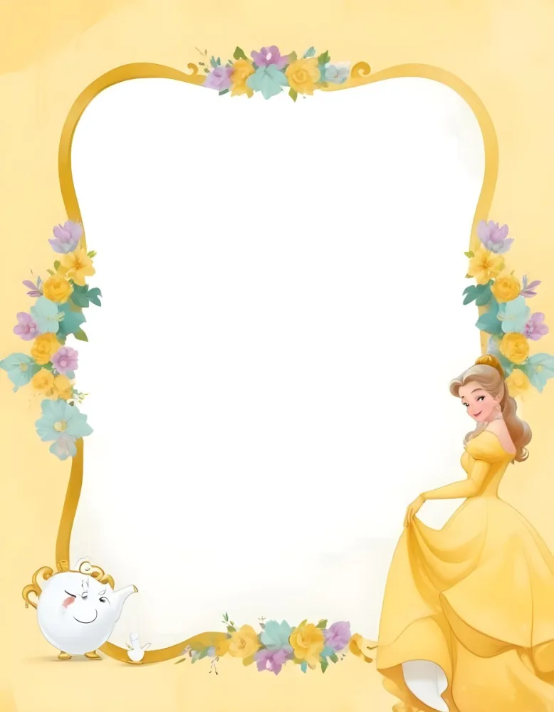 Belle With White Hair And White Dress Mrs Potts White Frame With Flowers Yellow Background 8 7a56