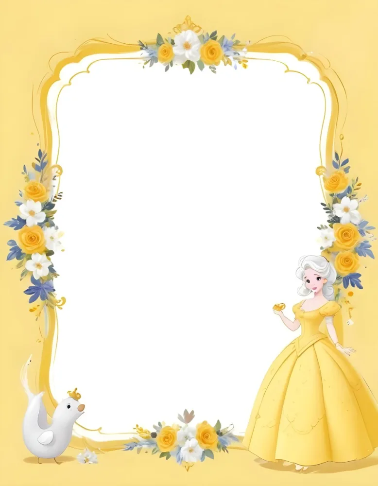 Belle With White Hair And White Dress Mrs Potts White Frame With Flowers Yellow Background 9 3066