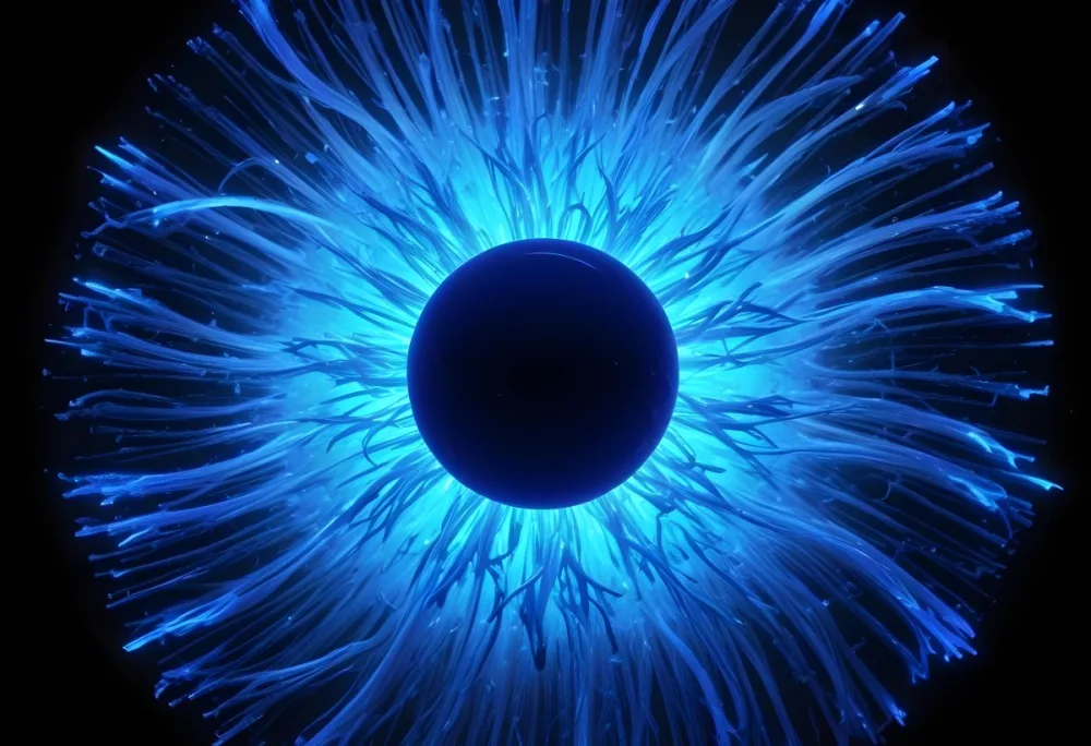 Black Sphere With Blue Glowing Tendrils Emanating Outwards Creating A Mesmerizing And Abstract Composition Against A Dark Background 71 77b1