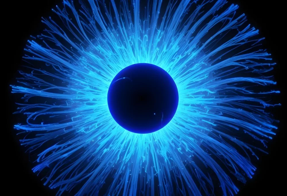 Black Sphere With Blue Glowing Tendrils Emanating Outwards Creating A Mesmerizing And Abstract Composition Against A Dark Background 9 8c51