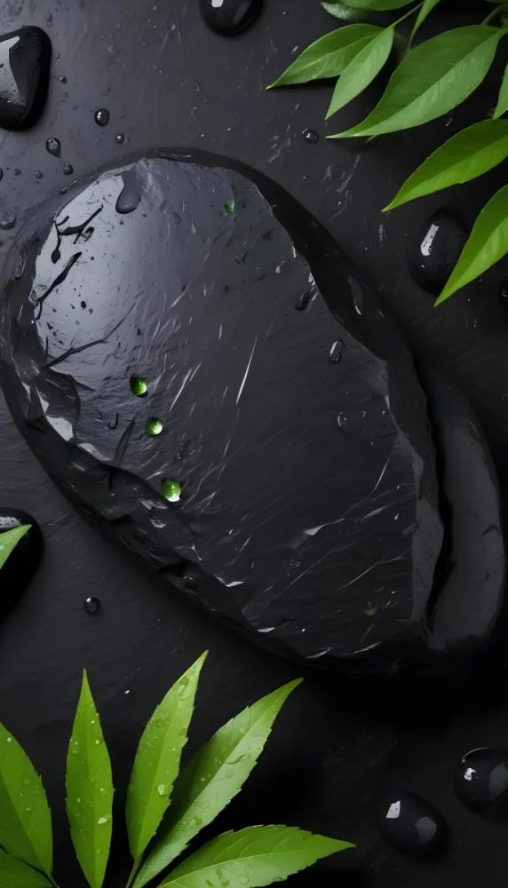 Black Stone With Water Drops And Green Leaves Dark Background 13 08d4