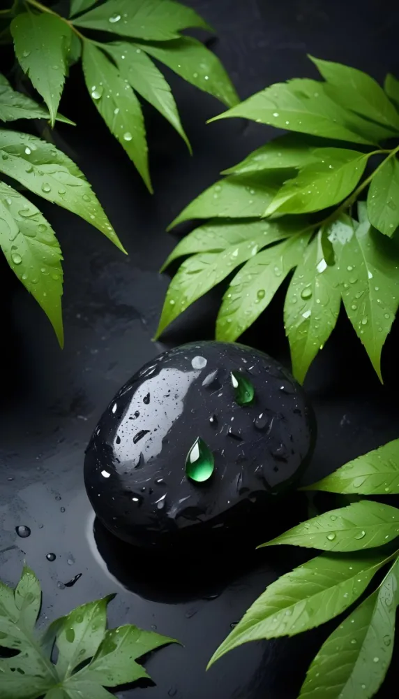Black Stone With Water Drops And Green Leaves Dark Background 17 F4e7