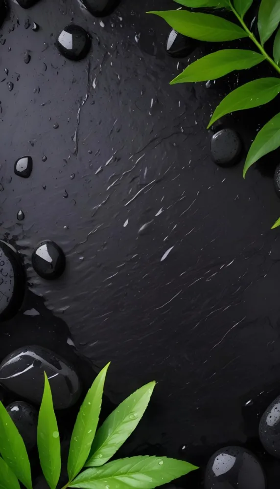 Black Stone With Water Drops And Green Leaves Dark Background 35 C3b2