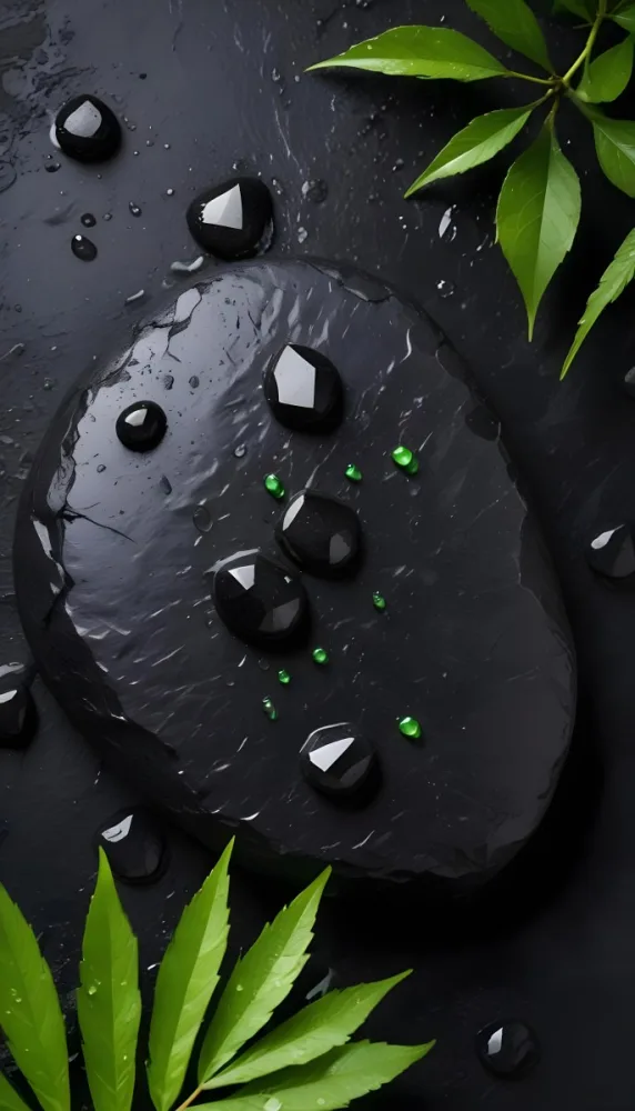 Black Stone With Water Drops And Green Leaves Dark Background 36 Bedc