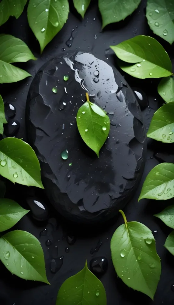 Black Stone With Water Drops And Green Leaves Dark Background 38 Bda7