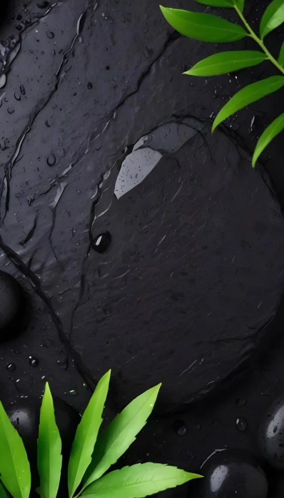 Black Stone With Water Drops And Green Leaves Dark Background 4 9365