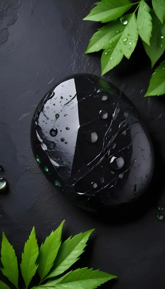 Black Stone With Water Drops And Green Leaves Dark Background 40 2e58
