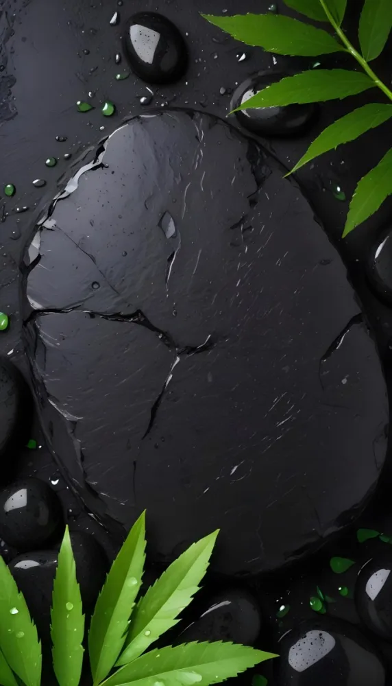 Black Stone With Water Drops And Green Leaves Dark Background 41 9a44
