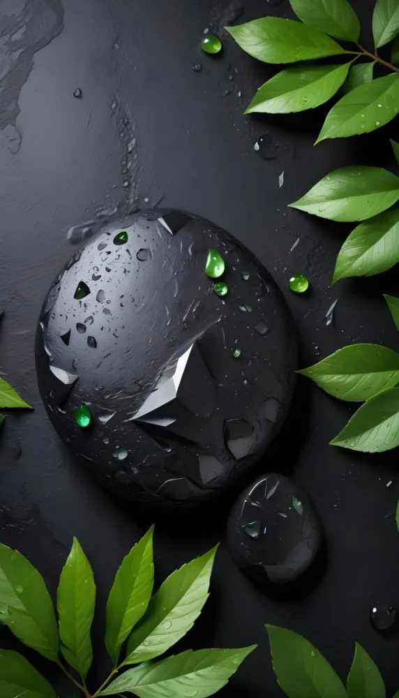 Black Stone With Water Drops And Green Leaves Dark Background 42 5450