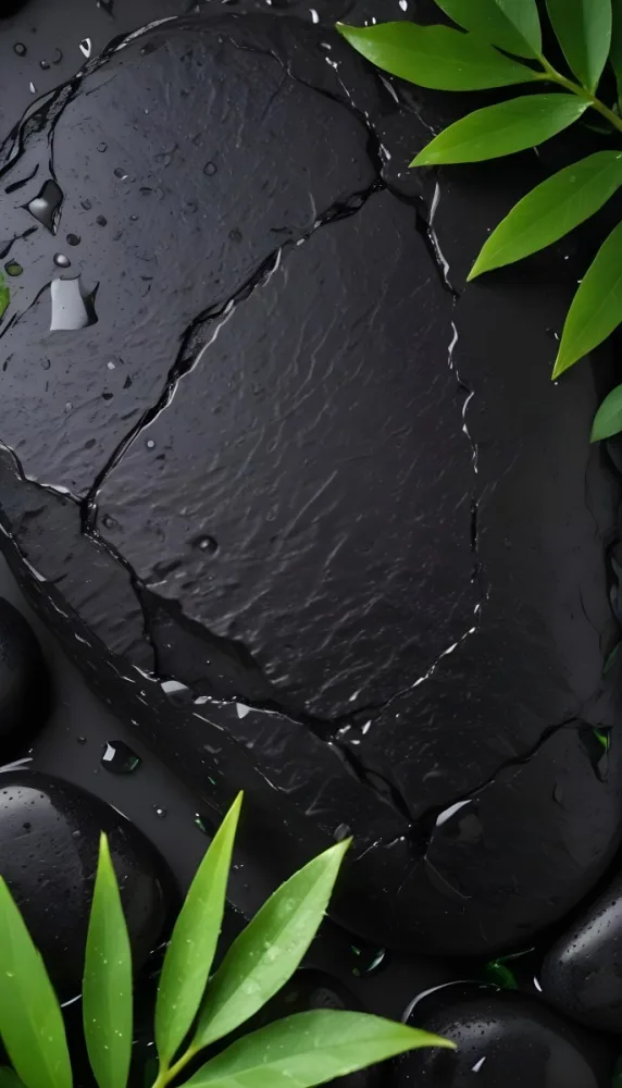 Black Stone With Water Drops And Green Leaves Dark Background 43 7ad2
