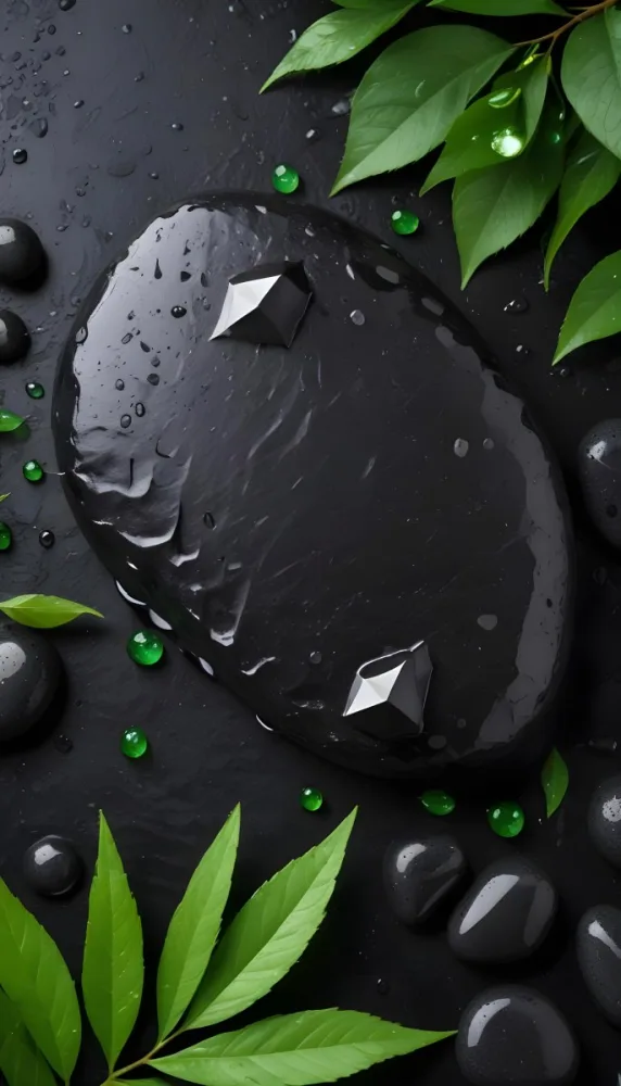 Black Stone With Water Drops And Green Leaves Dark Background 44 Beee