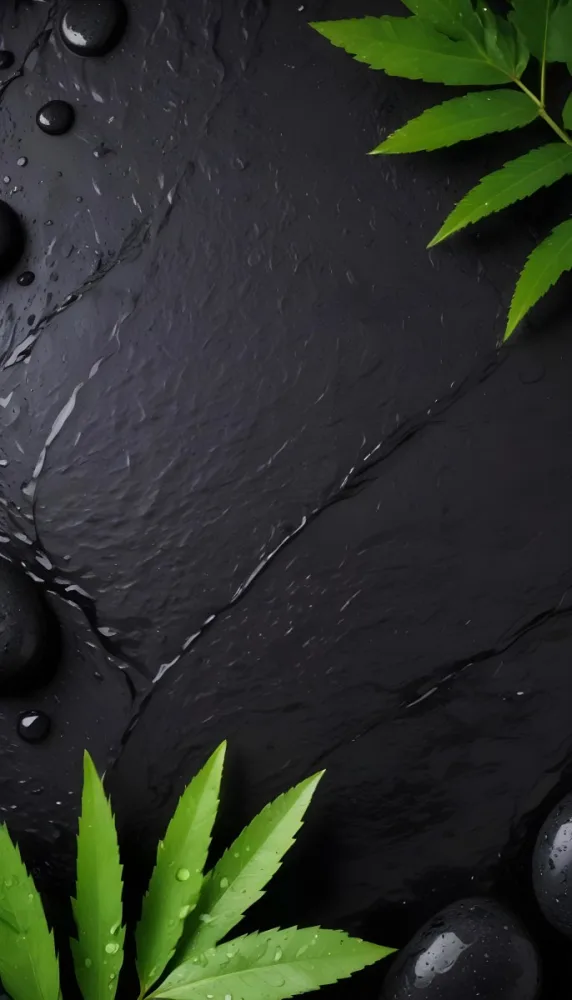 Black Stone With Water Drops And Green Leaves Dark Background 6 A87d