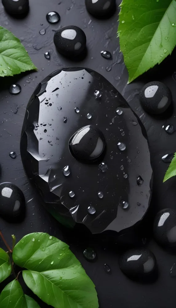 Black Stone With Water Drops And Green Leaves Dark Background 7 1fa2