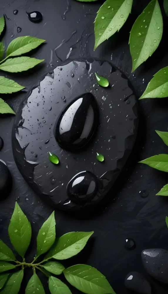 Black Stone With Water Drops And Green Leaves Dark Background 9 F02d