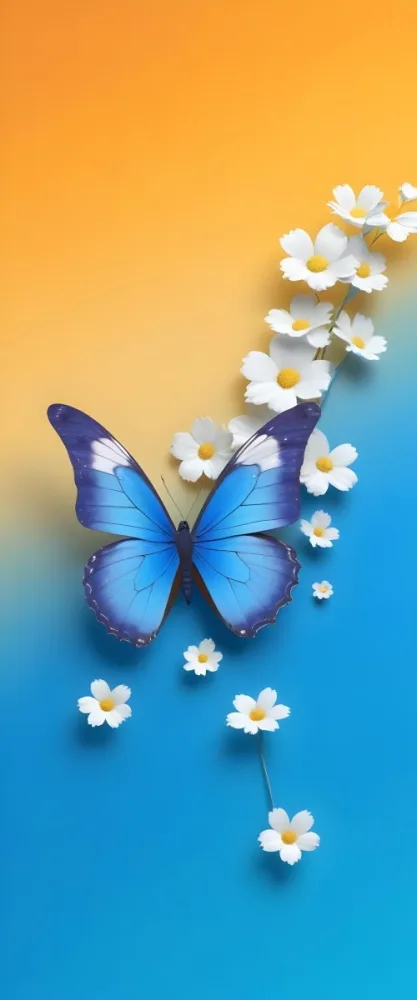 Blue Butterfly With White Flowers Against A Colorful Gradient Background 5 7b95